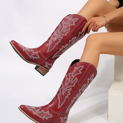 PU Leather Embroidered Geometric Point Toe Boots