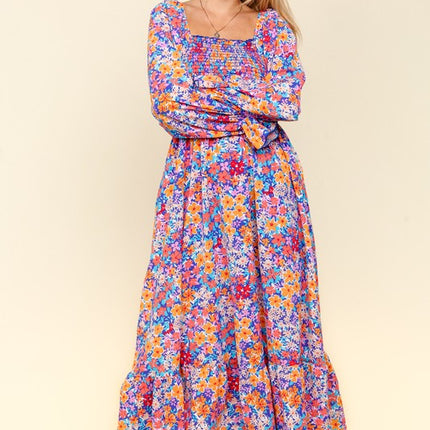 Haptics Smocked Floral Square Neck Flounce Sleeve Dress