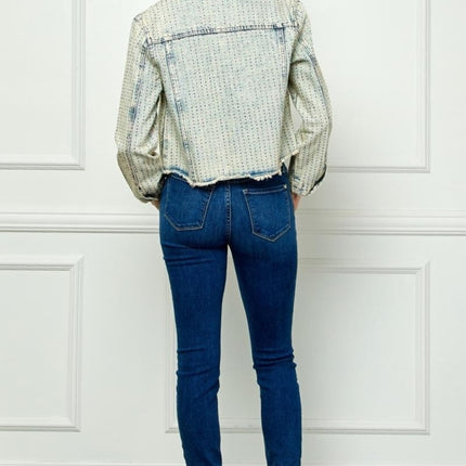 Veveret Multi Color Stripe Rhinestone Raw Hem Denim Jacket