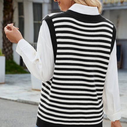 Slit V-Neck Striped Sweater Vest