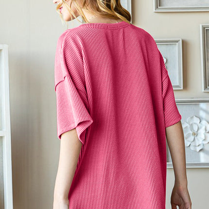 Heimish Full Size Ribbed Half Button Drop Shoulder Top