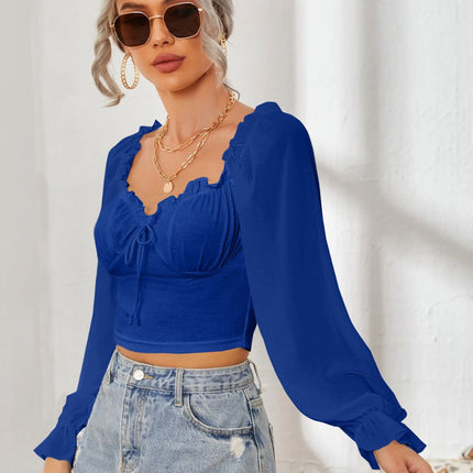 Mesh Sweetheart Neck Flounce Sleeve Top