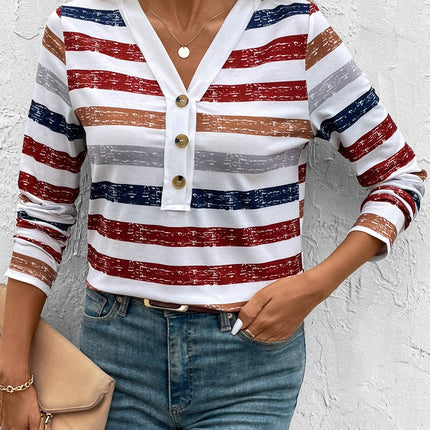 Contrast Striped V-Neck Long Sleeve T-Shirt