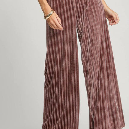 Umgee Full Size Elastic Waist Striped Wide Leg Velvet Pants