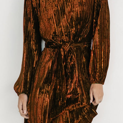 Velvet Round Neck Tie Waist Long Sleeve Mini Dress