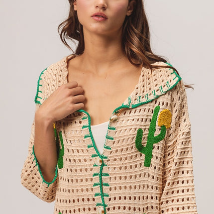 BiBi Edge Stitched Cactus Patch Sweater Cardigan