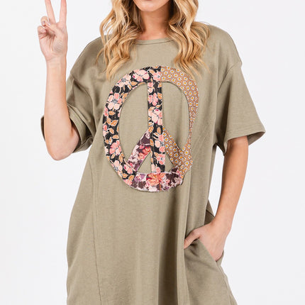 SAGE + FIG Full Size Peace Sign Applique Short Sleeve Tee Dress