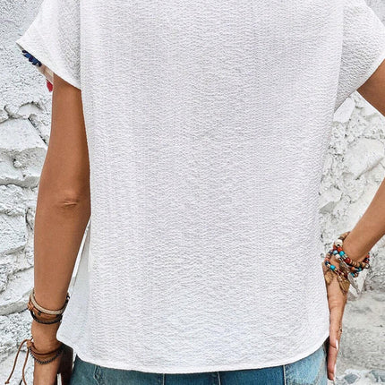 Tassel Tie Neck Short Sleeve Blouse