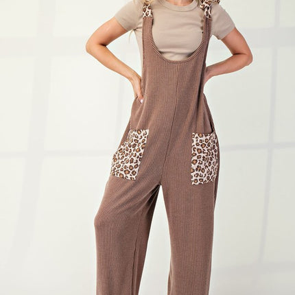 Celeste Full Size Ribbed Leopard Tied Shoulder Overalls