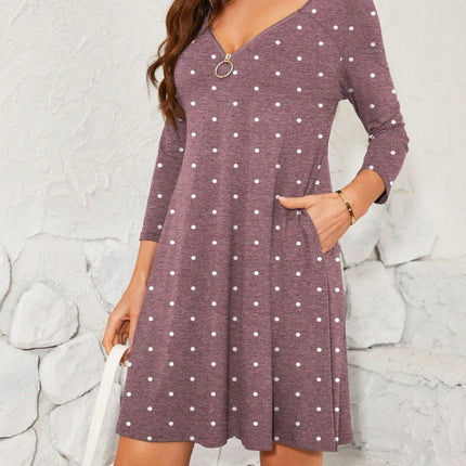 Polka Dot Quarter Zip Long Sleeve Dress