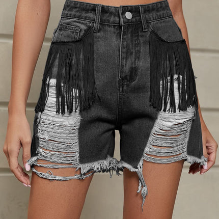 Fringe Trim Distressed Denim Shorts with Pockets