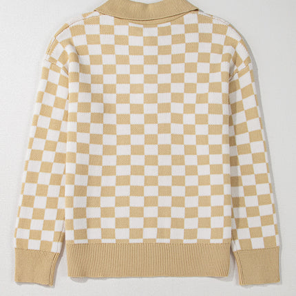 Checkered Collared Neck Long Sleeve Sweater