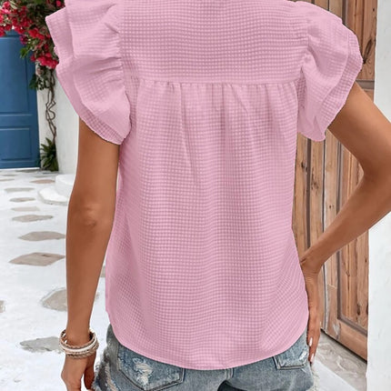 Ruffled Notched Cap Sleeve Blouse