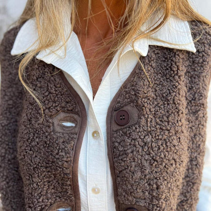 Full Size Pocketed Button Up V-Neck Sherpa Vest