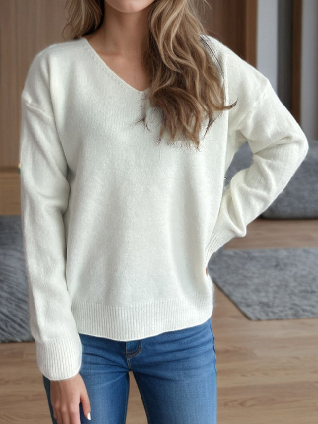 V-Neck Dropped Shoulder Long Sleeve Sweater