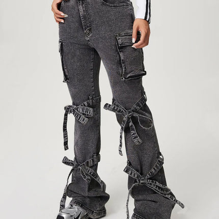 Bow Tied Mid Rise Jeans with Cargo Pockets