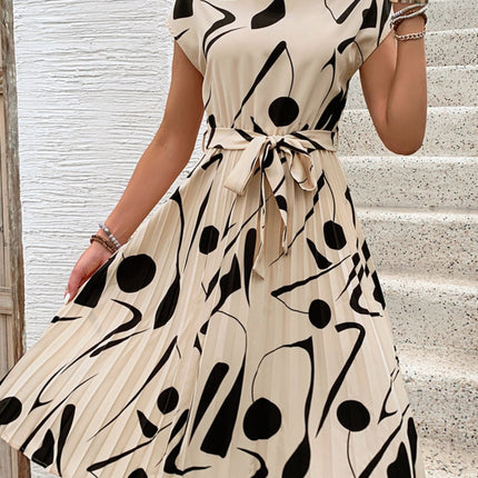 Tied Pleated Printed Cap Sleeve Dress