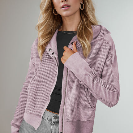 Double Take Waffle-Knit Zip Up Long Sleeve Hooded Jacket