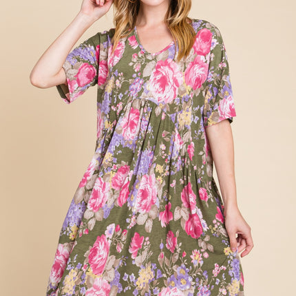 BOMBOM Flower Print V-Neck Ruched Dress