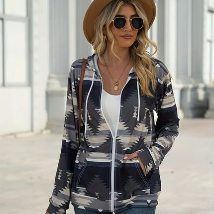 Geometric Zip Up Long Sleeve Hooded Jacket