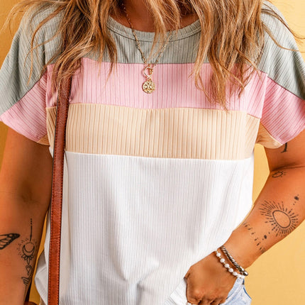Plus Size Color Block Round Neck Short Sleeve T-Shirt