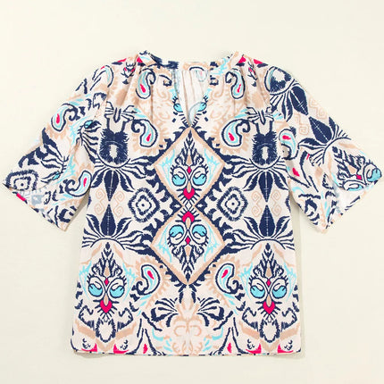 Printed Notched Half Sleeve Blouse