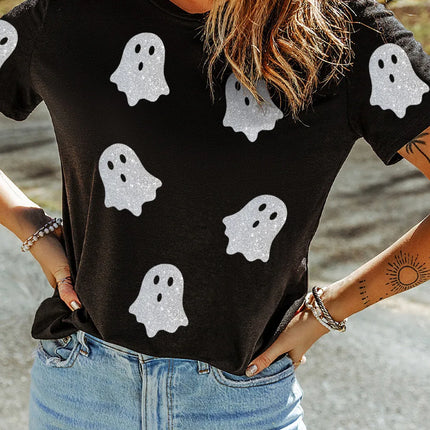 Glitter Ghost Round Neck Short Sleeve T-Shirt