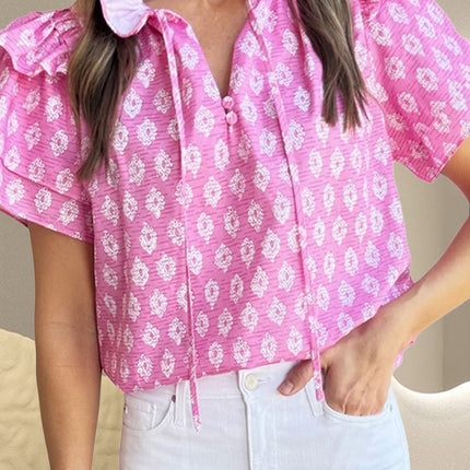 Ruffled Printed Tie Neck Short Sleeve Blouse