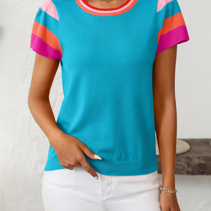 Mandy Contrast Round Neck Short Sleeve Knit Top