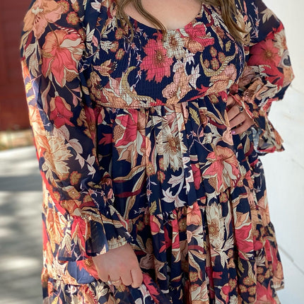 Plus Size Smocked Printed Long Sleeve Dress