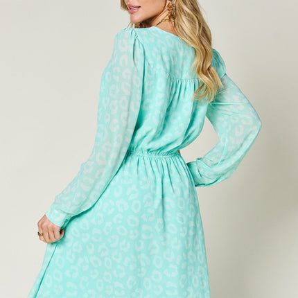 Double Take Full Size Printed Ruched V-Neck Long Sleeve Dress