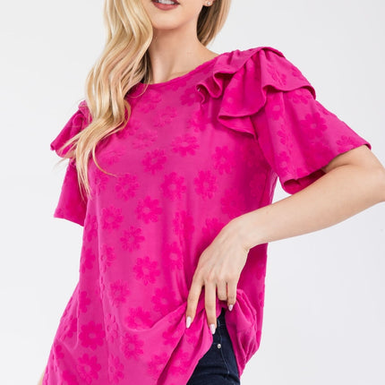 Celeste Full Size Ruffle Layered Short Sleeve Daisy Floral Top