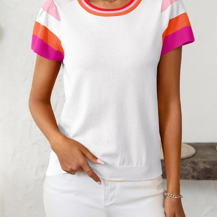 Mandy Contrast Round Neck Short Sleeve Knit Top