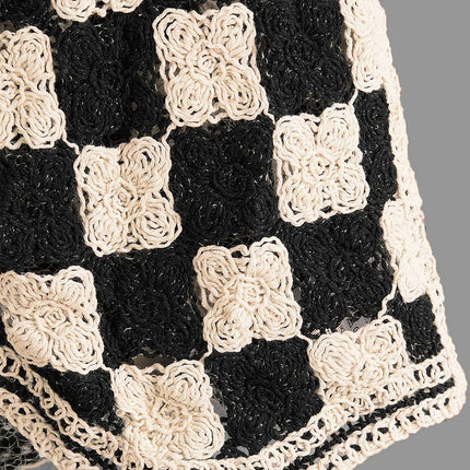 Crochet Checkered V-Neck Button Up Vest