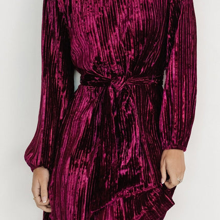 Velvet Round Neck Tie Waist Long Sleeve Mini Dress