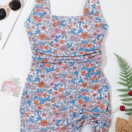 Drawstring Printed Wide Strap Swim Dress
