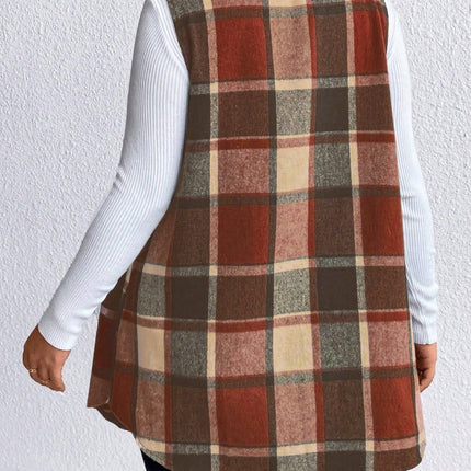 Honey Plus Size Pocketed Plaid Button Up Vest Coat - Vickie Lynn's