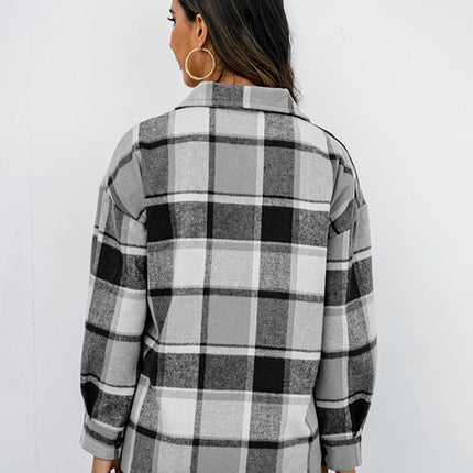 Shiny Plaid Button Up Collared Neck Jacket