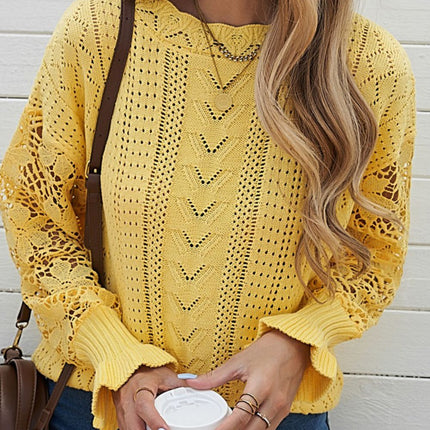 Openwork Round Neck Long Sleeve Sweater