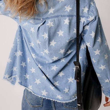 Raw Hem Star Collared Neck Denim Top