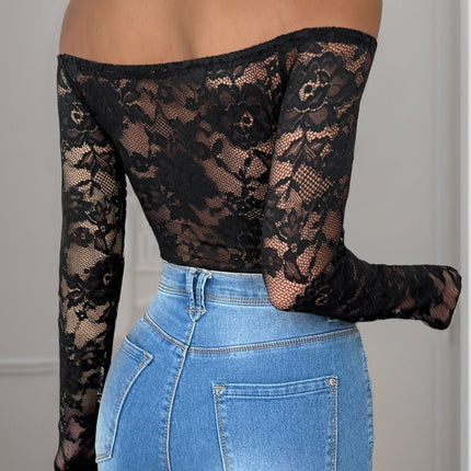 Perfee Lace Off-Shoulder Long Sleeve Bodysuit