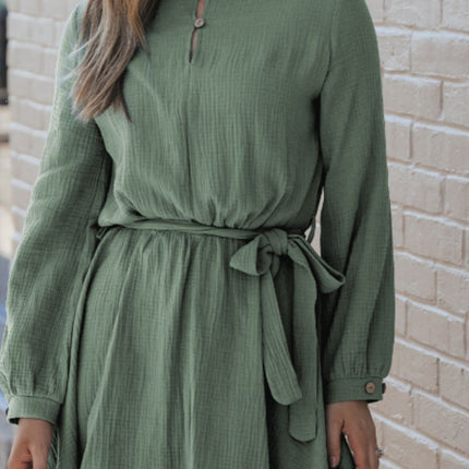 Round Neck Long Sleeve Tie Waist Dress