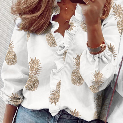 Ruffled Printed V-Neck Long Sleeve Blouse