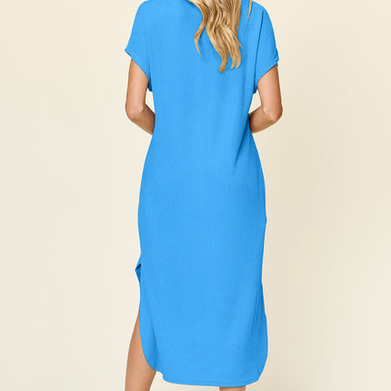 Double Take Full Size Round Neck Short Sleeve Slit Dress
