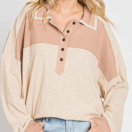 Waffle-Knit Color Block Half Button Long Sleeve Top