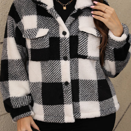 Plus Size Pocketed Plaid Collared Neck Jacket