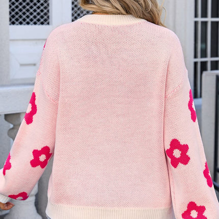 Flower Round Neck Dropped Shoulder Sweater