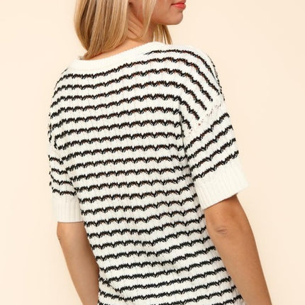 Haptics Openwork Striped Round Neck Half Sleeve Knit Top