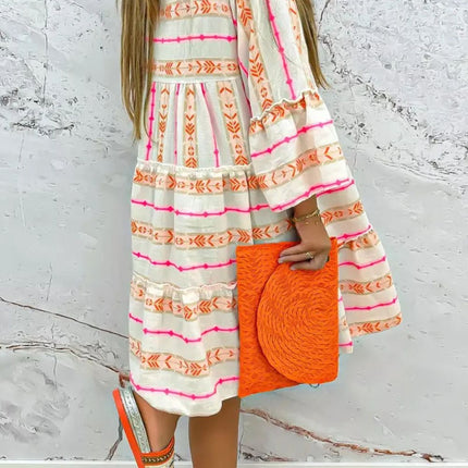 Frill Printed Notched Long Sleeve Dress