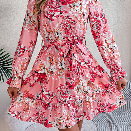 Printed Mock Neck Flounce Sleeve Mini Dress